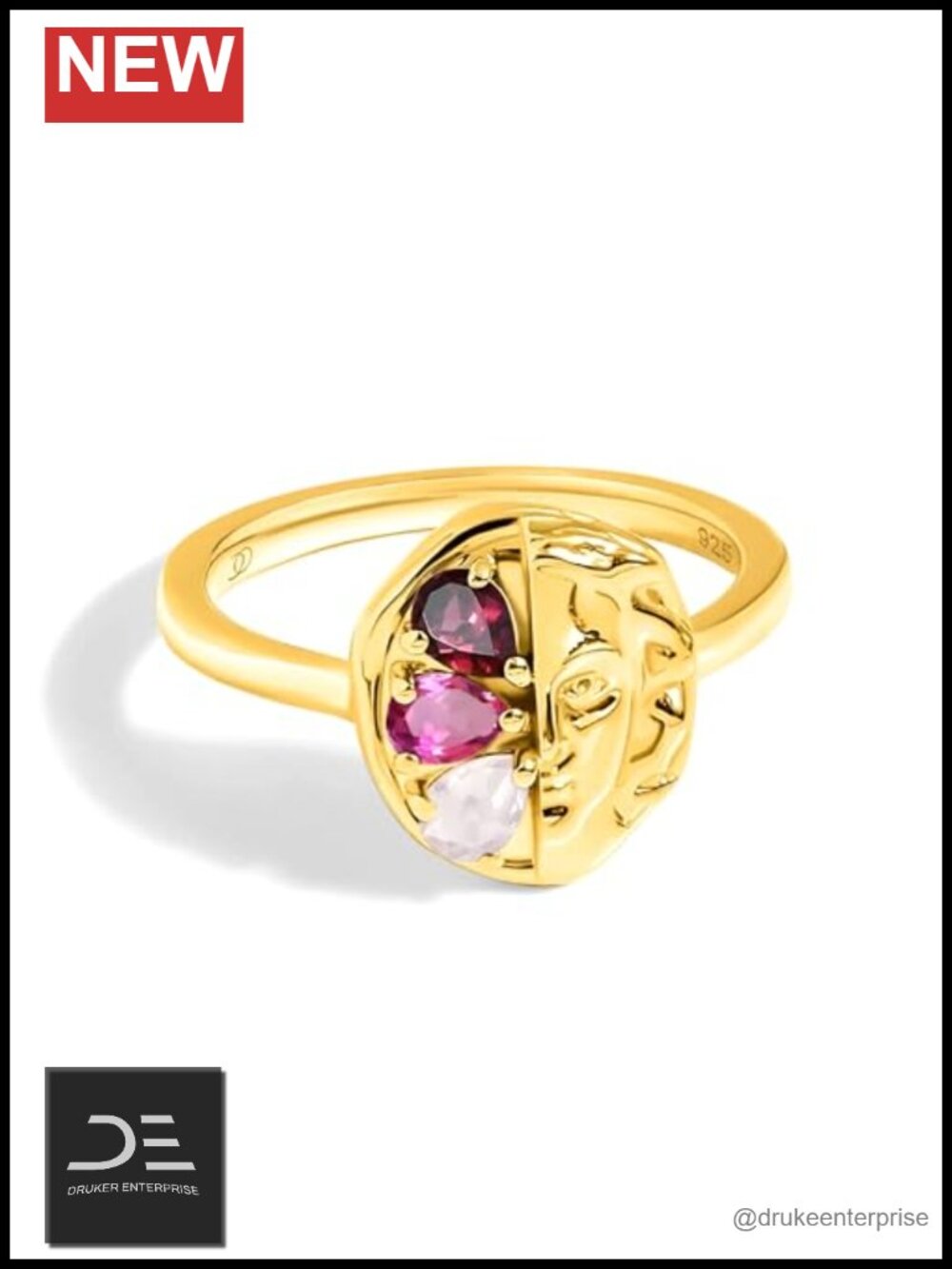 Moon Magic Rhodolite Garnet Ring Real 925 Sterling Silver 18k Yellow Gold Prong